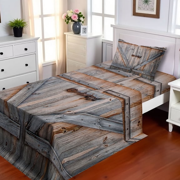 Ambesonne Rustic Fitted & Top Sheet Set with Sham, American Country Style, Pale Brown and Grey