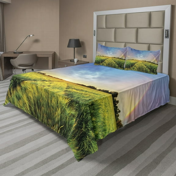 Ambesonne Green Yellow Fitted & Top Sheet Set with Shams, Wheat Field Nature, Green Yellow