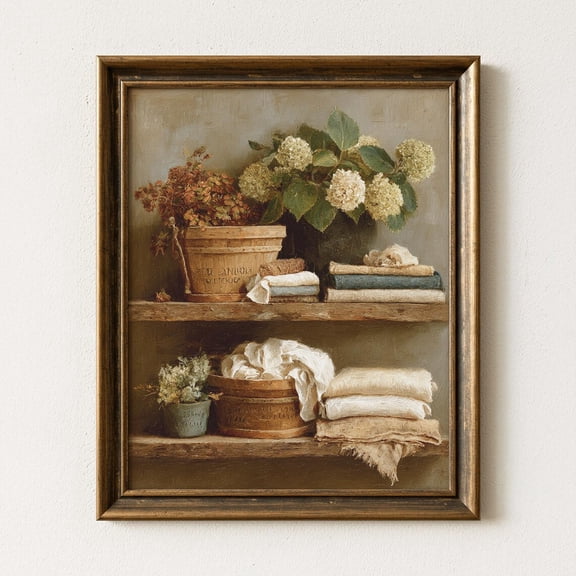 Rustic Shelf with Antique Linens Vintage Cottagecore Laundry Room Art, Earthy , Print Poster Country Decor, Rustic Wall Art 226, Size 12x18 UNFFRAMED F03.1.6l3120