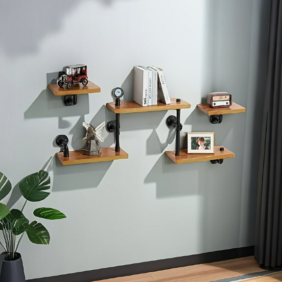 [Rustic Shelves] Set Of 3 Industrial Rustic Wood Ladder Pipe Wall Mounted Floating Shelves | Bookshelf, DIY Storage Shelving, Hung Bracket, Bookcase - Set Of 3 Ladder Shelves