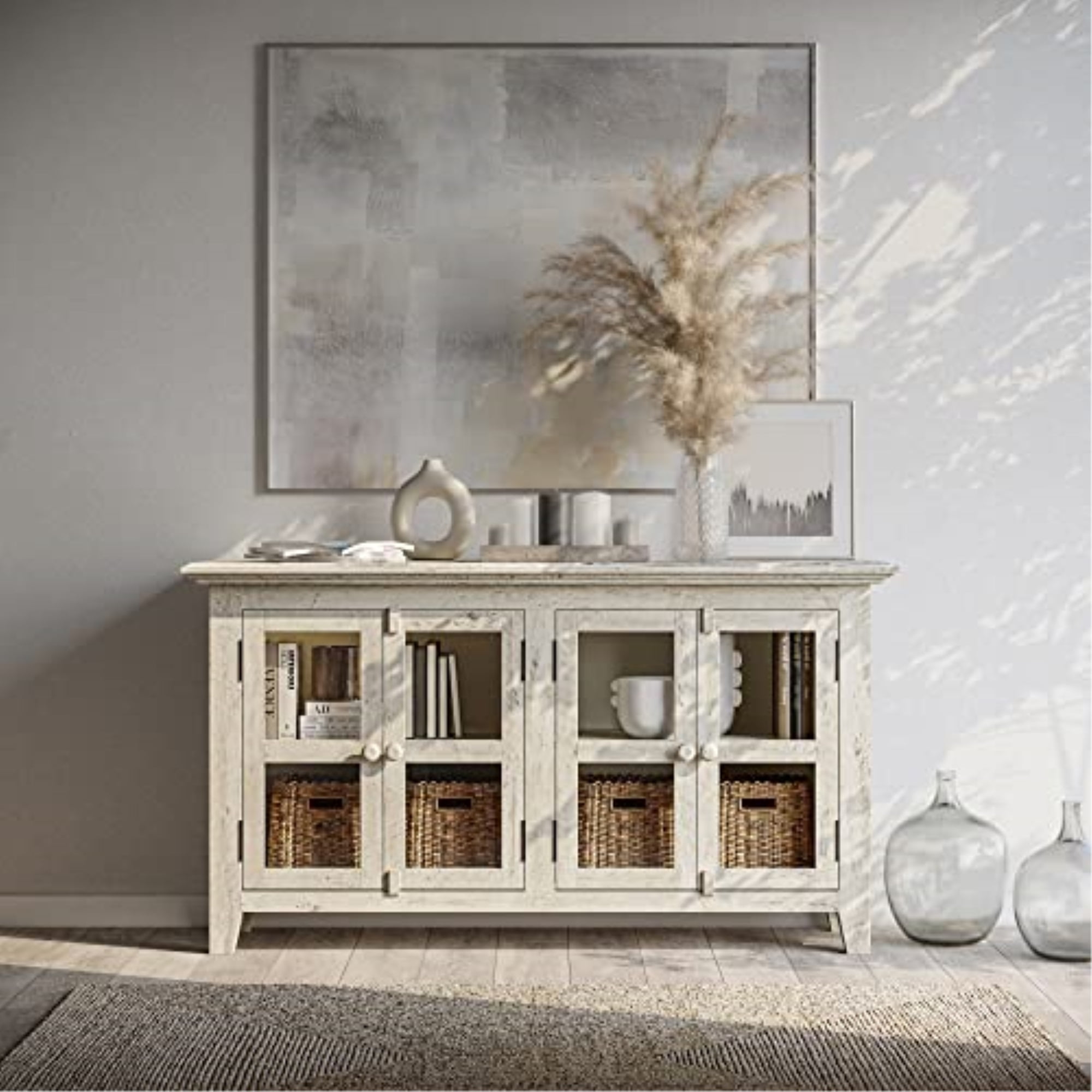 Rustic Shores 54" Coastal Distressed Acacia Four-Door Credenza Cabinet ...