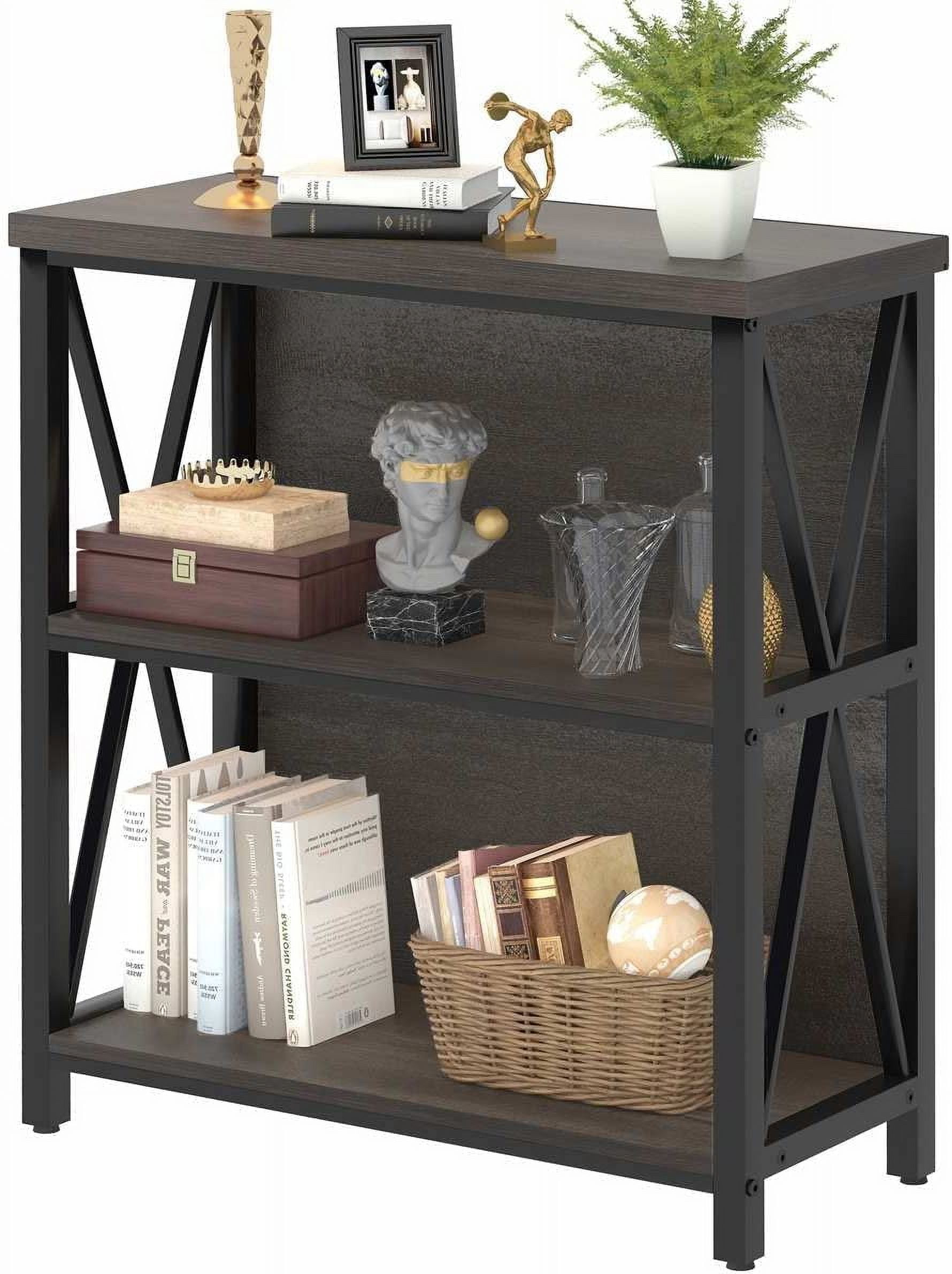 Rustic Short 2 Shelf Bookshelf, Industrial Low Wood Bookcase, Farmhouse ...