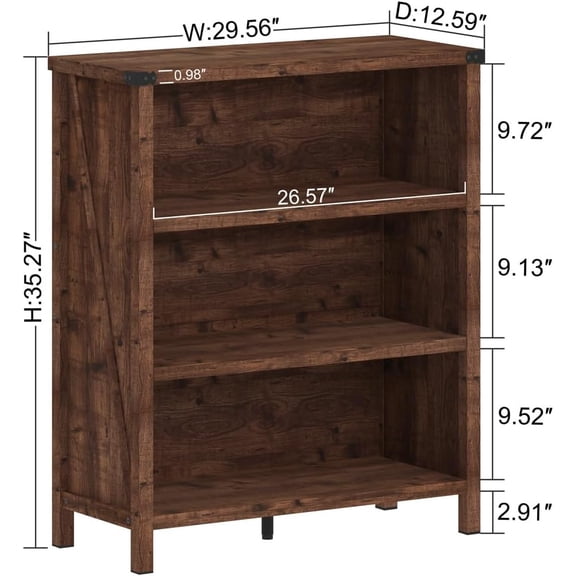 Rustic Short Bookshelf, 3 Shelf Bookcase, Small Wood Low Storage for Home Office Living Room
