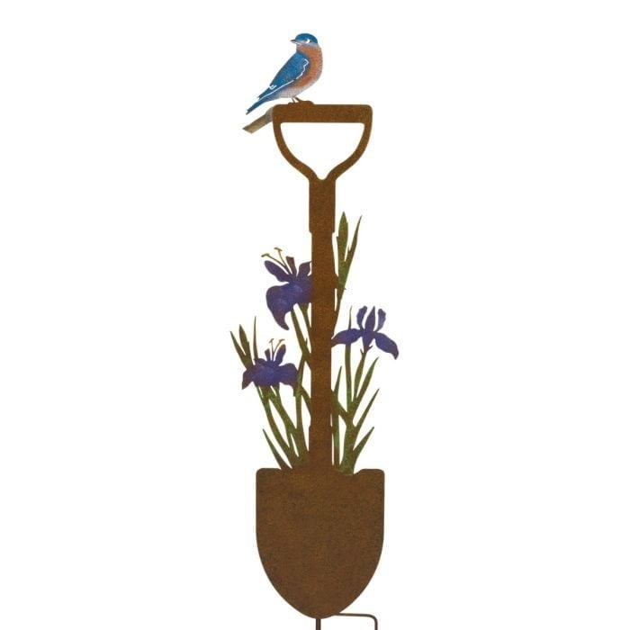 Rustic 36" Metal Shovel Stake with Iris and Bird