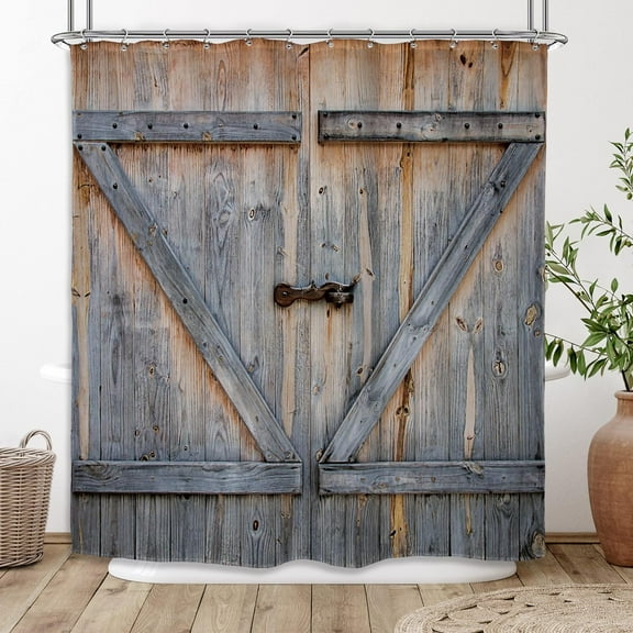 Rustic Shower Curtain Barn Door 72Wx72H Inch Farmhouse Wooden Barn Wood Plank Vintage Retro Decor Fabric Polyester Waterproof 12 Pack Plastic Hooks WW-YMDV