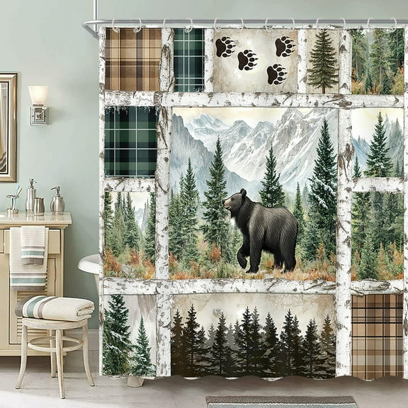 Rustic Shower Curtain for Bathroom, Farmhouse Country Bear Forest Vintage Decor Bath Curtain, Plaid Check Hunting Camping Waterproof Fabric Shower Curtain Set with Hooks, 72X72IN