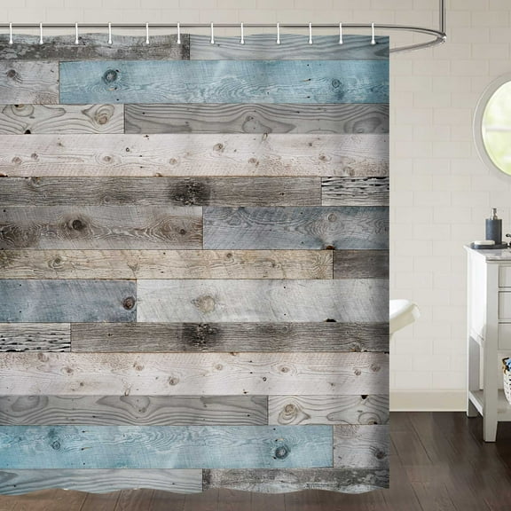 Rustic Shower Curtain, Blue Grey Wood Barn Door Bathroom Curtains, Wooden Bathroom Décor