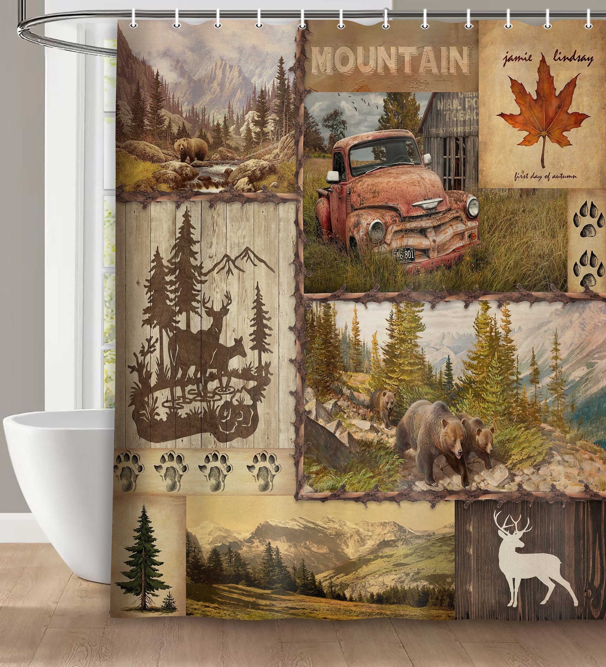 Rustic Shower Curtain, Country Woodland Mountain Bear Deer Decor Shower Curtains Set with Hooks, Western Farmhouse Fabric Bathroom Curtains, 72X72 Inches