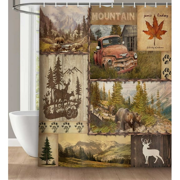 Rustic Shower Curtain, Country Woodland Mountain Bear Deer Decor Shower Curtains Set with Hooks, Western Farmhouse Fabric Bathroom Curtains, 72X72 Inches