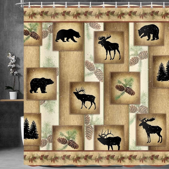 Rustic Shower Curtain, Cute Bear Deer and Forest Design, Country Style Wildlife Animal Art Vintage Farmhouse Lodge Cabin Cloth Shower Curtains Bathroom Accessories, 72x84 Inches