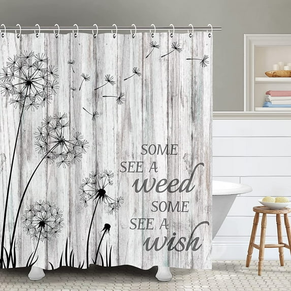 Rustic Shower Curtain, Dandelion Wish Shower Curtain, Farmhouse Country Board Shower Curtains Set, Farm Gray Floral Plant Weed Woodland, 72W x 72H inch Shower Curtains with Hooks