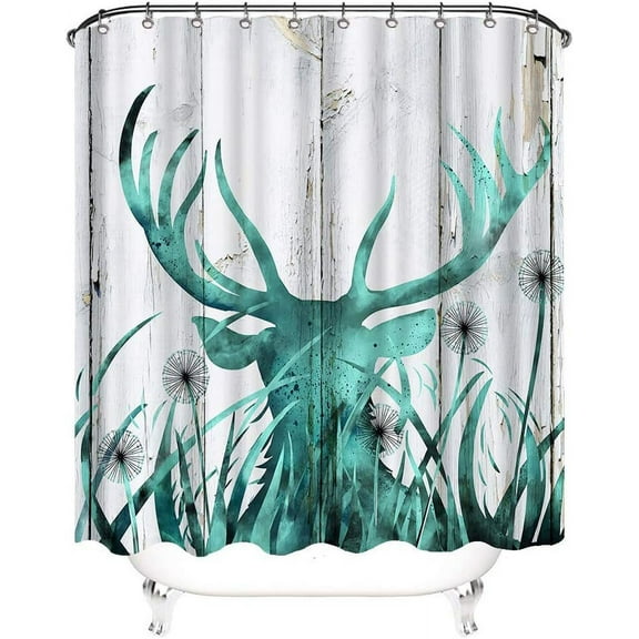 Rustic Shower Curtain Deer on Wood Background Country House Art Image Print Cloth Fabric Bathroom Decor Set with Hooks Teal Grey 72X72inch