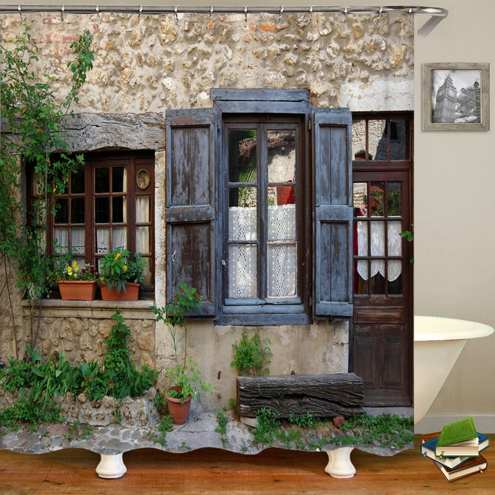 Rustic Shower Curtain Doors of An Old Rock House with French Frame