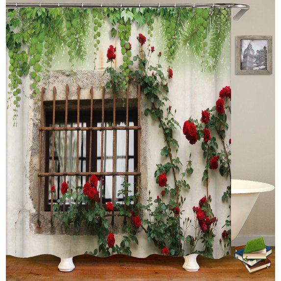 Rustic Shower Curtain Doors of An Old Rock House with French Frame Details In Countryside European Past Fabric Bathroom
