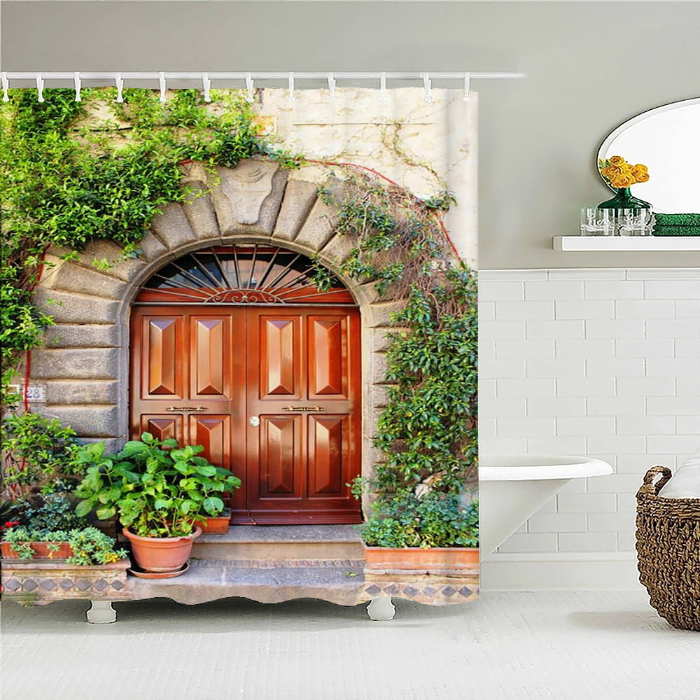 Rustic Shower Curtain Doors of An Old Rock House with French Frame ...