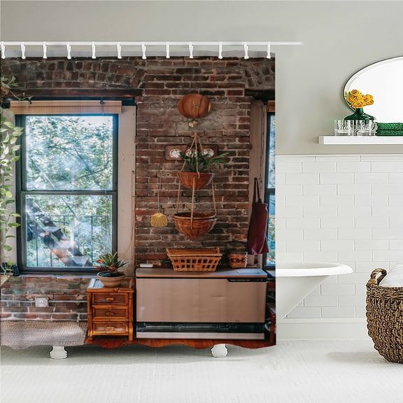 Rustic Shower Curtain Doors of An Old Rock House with French Frame Details in Countryside European Past Fabric Bathroom