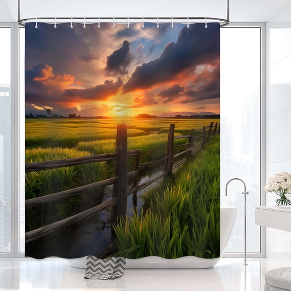 Rustic Shower Curtain, Farm Shower Curtain, Nature Scenery Sunset Shower Curtain Set Waterproof Bath Curtain Bathroom Decor with 12 Hooks, 72x72 inches