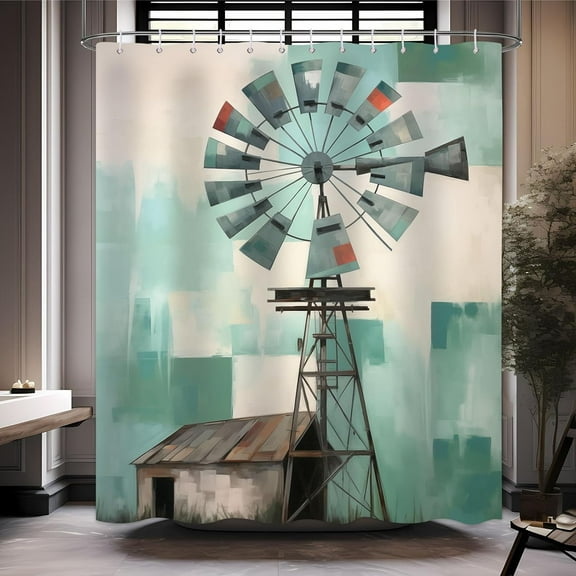 Rustic Shower Curtain, Farmhouse Shower Curtain, Retro Windmill Farm Western Barn Shower Curtain Set Waterproof Bath Curtain Bathroom Decor with 12 Hooks, 72x72 inches