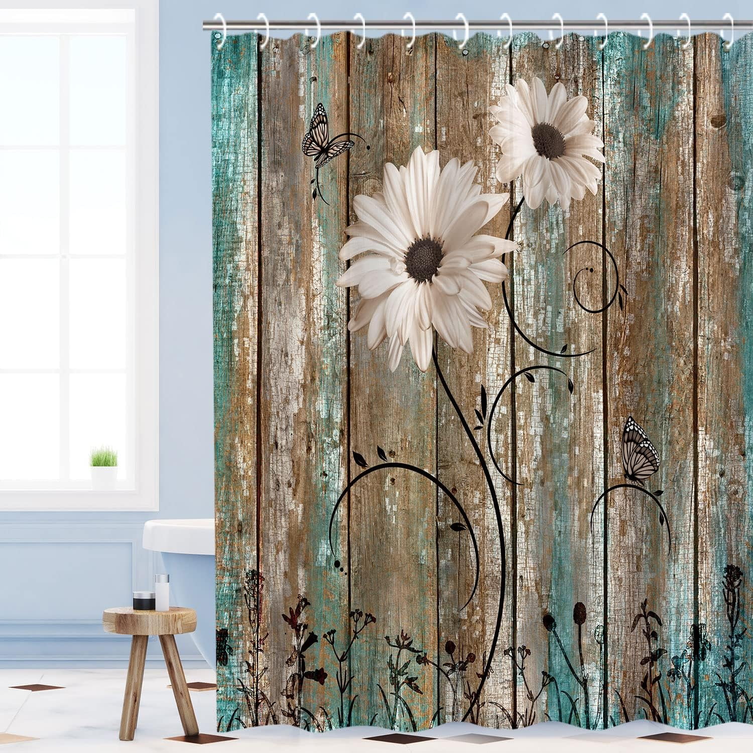 Rustic Shower Curtain Floral Barnwood Fabric Farmhouse Bath Curtain 12 ...
