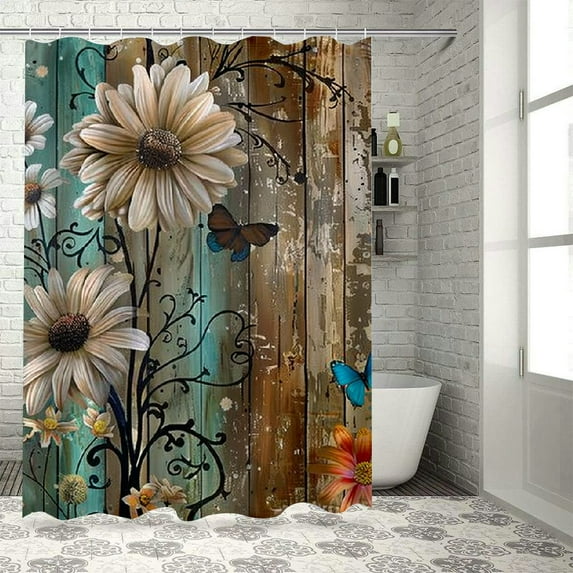 Rustic Shower Curtain Floral Barnwood Fabric Farmhouse Bath Curtain Hooks Old Wooden Garage Door American Country Farm Style , Various Specifications