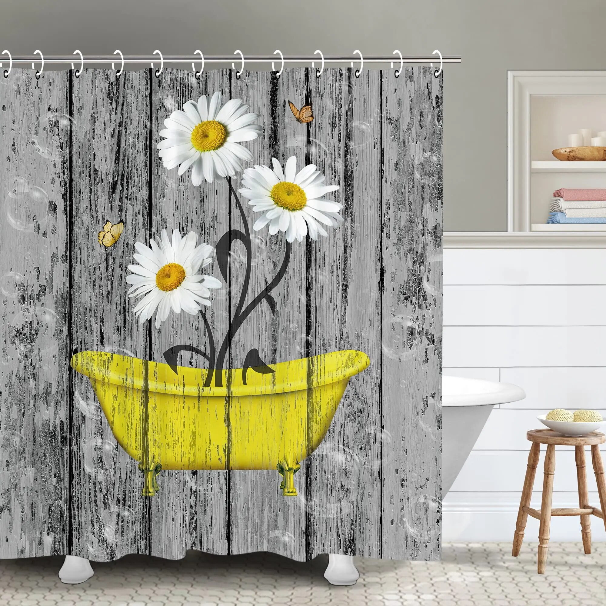 Rustic Shower Curtain Grey Floral Fabric Bath Curtains Butterfly Daisy