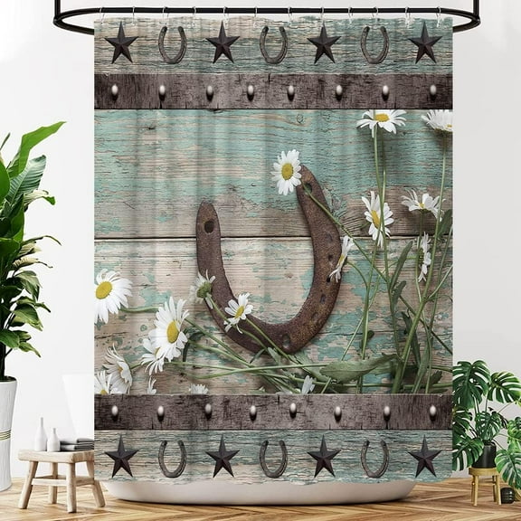 Rustic Shower Curtain Horseshoe Western Country Daisy Floral Teal Wooden Board Retro Fabric Bathroom Decor Curtains with Hooks-60"W x 72"L (Pack of 1)