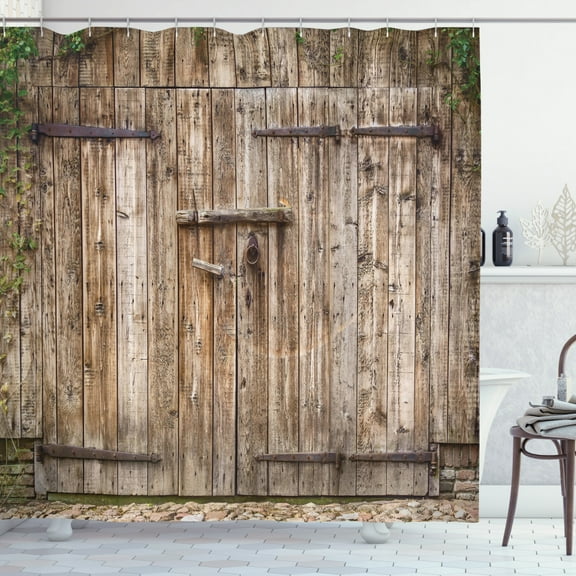 Rustic Shower Curtain, Old Oak Closed Garage Door with Steel Hinges Vintage Typical Cottage Doorway Image, Fabric Bathroom Set with Hooks, 69W X 75L Inches Long, Tortilla, by Ambesonne