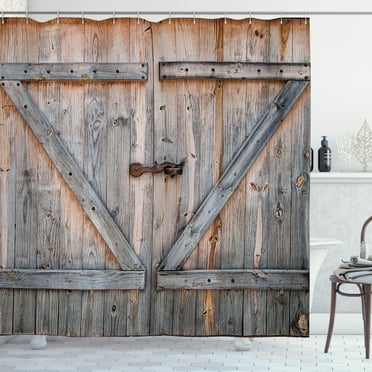 Rustic Shower Curtain, Old Wooden Garage Door American Native Country Farm Style Artwork Image, Fabric Bathroom Set with Hooks, 69W X 70L Inches, Antique White Grey, by Ambesonne
