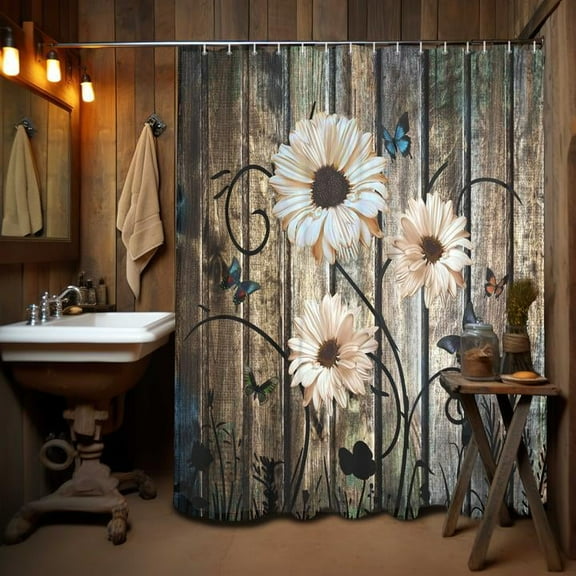 Rustic Shower Curtain Set, Grey Brown Floral Fabric Farmhouse Bath Curtain 18 Hooks, Country Butterfly Daisy American Farm Style Bath Accessories 69x75inch