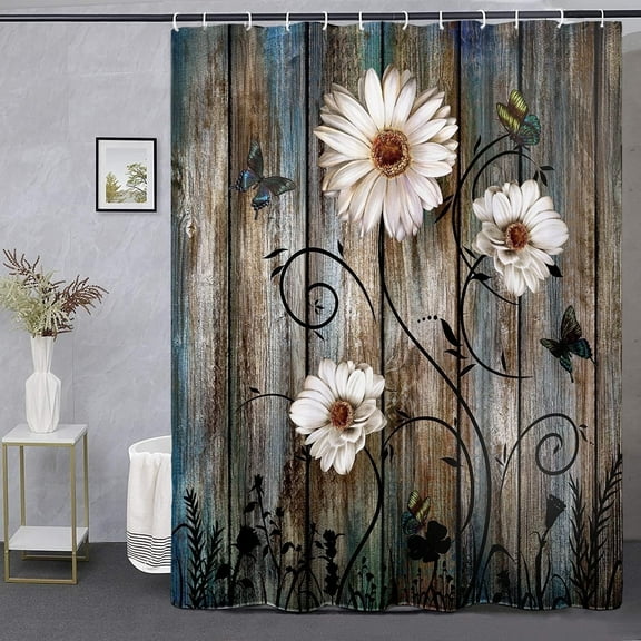 Bevtee Rustic Shower Curtain Set Grey Floral Fabric Bath Curtain 12 Hooks Butterfly Daisy American Country Farm Style 72×72 Inches