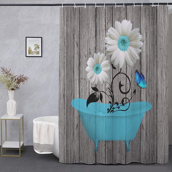 Rustic Shower Curtain Set Grey Floral Fabric Bath Curtain 12 Hooks Butterfly Daisy American Country Farm Style 84×72 Inches