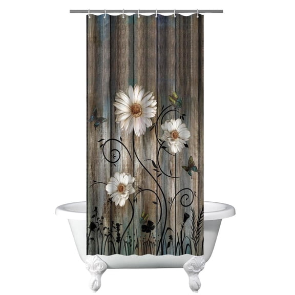 Rustic Shower Curtain Set Grey Floral Fabric Bath Curtain Butterfly Daisy American Country Farm Style 36×72 In 6 Hooks