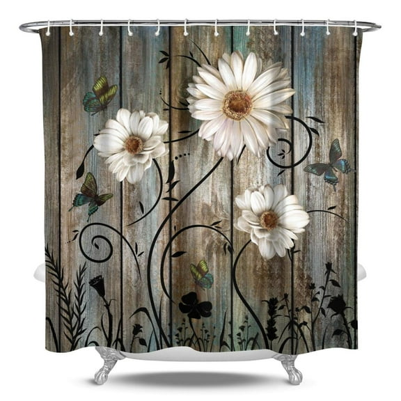 Rustic Shower Curtain Set Grey Floral Fabric Bath Curtain Butterfly Daisy American Country Farm Style 84×72 In 12 Hooks