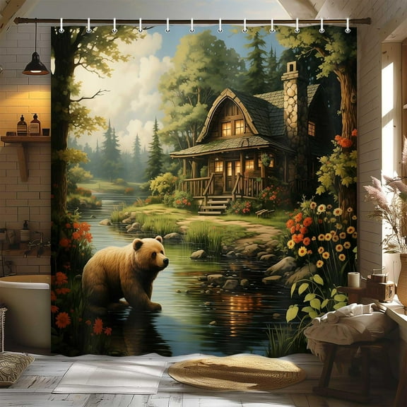 Rustic Shower Curtains for Bathroom, Country Bear Flower Cabin Forest Bath Curtain Sets, Cute Aesthetic Curtains Set with Hooks, 72X72in