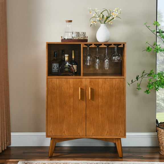 Rustic Sideboard Wine Cabinet, 31.5" With Adjustable Shelf & Storage, Rack And Glass Holder For Home Dining Room Functional Storage Living Space