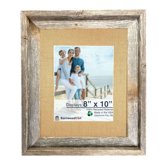 Rustic Barnwood Picture Frames – Reclaimed Wood Photo Frames – Wood Frame with Mat for Wall & Tabletop Display – Made in USA, Weathered Gray, 11x14 matted to display a 8x10, Burlap Mat