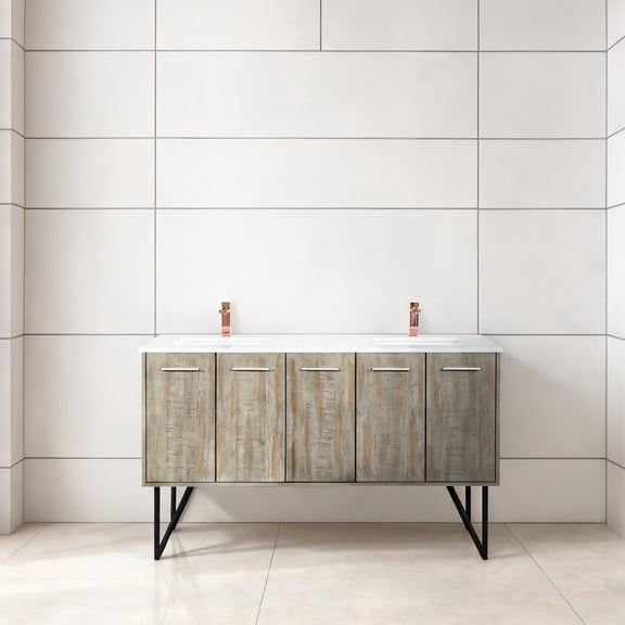 Rustic Silhouette Double Bath Vanity with Cultured Marble Top, 60-Inch Acacia Wood, Rose Gold Faucet Included