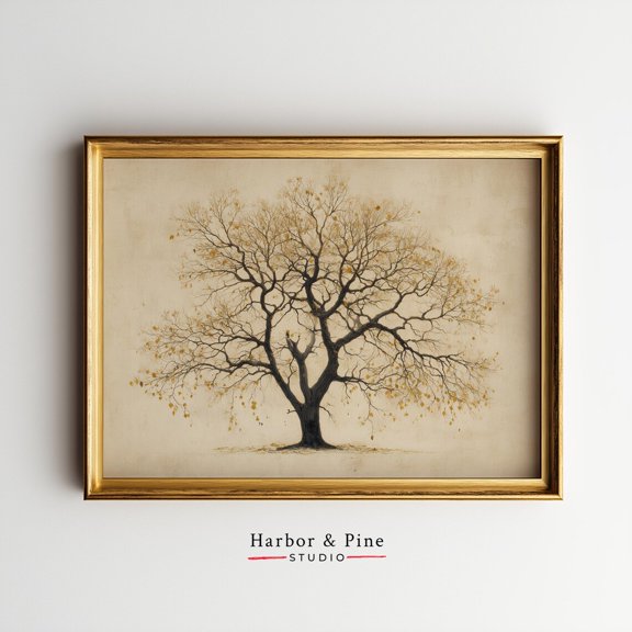 Rustic Silhouette Tree Vintage Bare Branches Painterly Nature, UNFRAMED Size 16x16