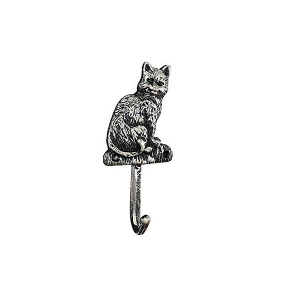 Rustic Silver Cast Iron Cat Hook 7" - Decorative Hook - Cat Decor