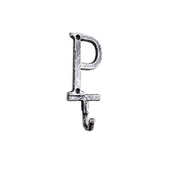 Hampton Nautical Rustic Silver Cast Iron Letter P Alphabet Wall Hook 6" - Door Decor - Decorativ