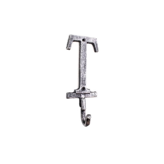 Rustic Silver Cast Iron Letter T Alphabet Wall Hook 6"