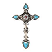 Rustic Silver Wall Cross with Faux Turquoise Gem Accents   Ornate Scrollwork Southwestern-Inspired Cross   Vintage Resin Religious D cor for Home, Church, or Office   Housewarming or Holiday Gift