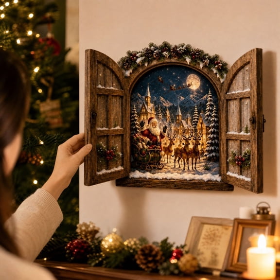 Rustic Simulated Christmas Wooden Shutter Window Wall Hanging Night Light Decor, Natural Wood Textured, 3D Optical Santa Reindeer Village Scene for Home Mantel Office Holiday Xmas Tree Decor