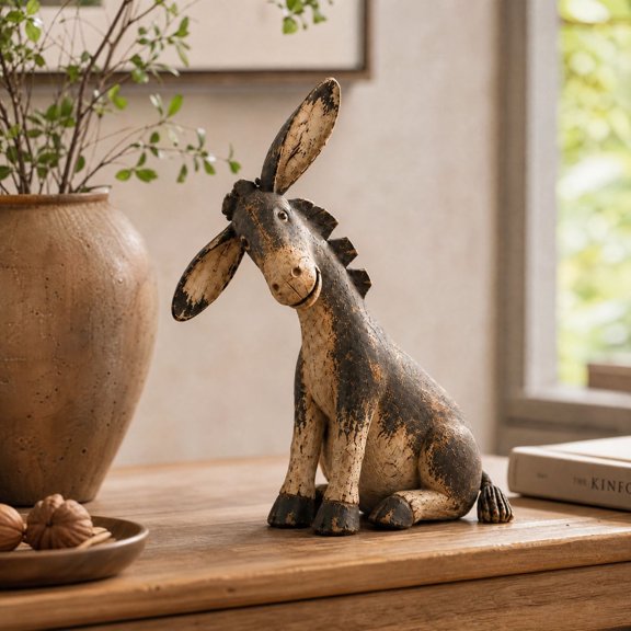 Rustic Sitting Donkey Ornament, Vintage Farmhouse Resin Donkey Figurine, Multicolour Tabletop Decor Gift For Animal Lovers