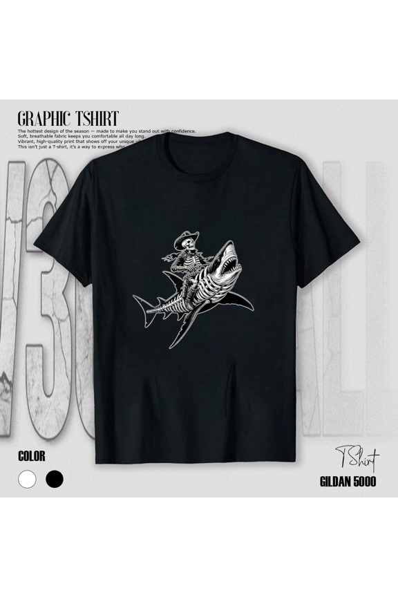 Rustic Skeleton Cowboy Shark Western Gothic Rodeo Goth Style Unisex T-Shirt, up to size 5XL