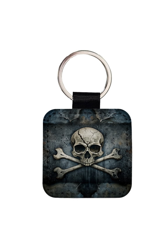 Rustic Skull And Crossbones Pirate Jolly Roger Faux Leather Square Keychain
