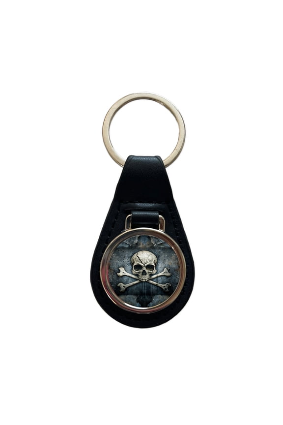 Rustic Skull And Crossbones Pirate Jolly Roger Metal Black Leather Keychain