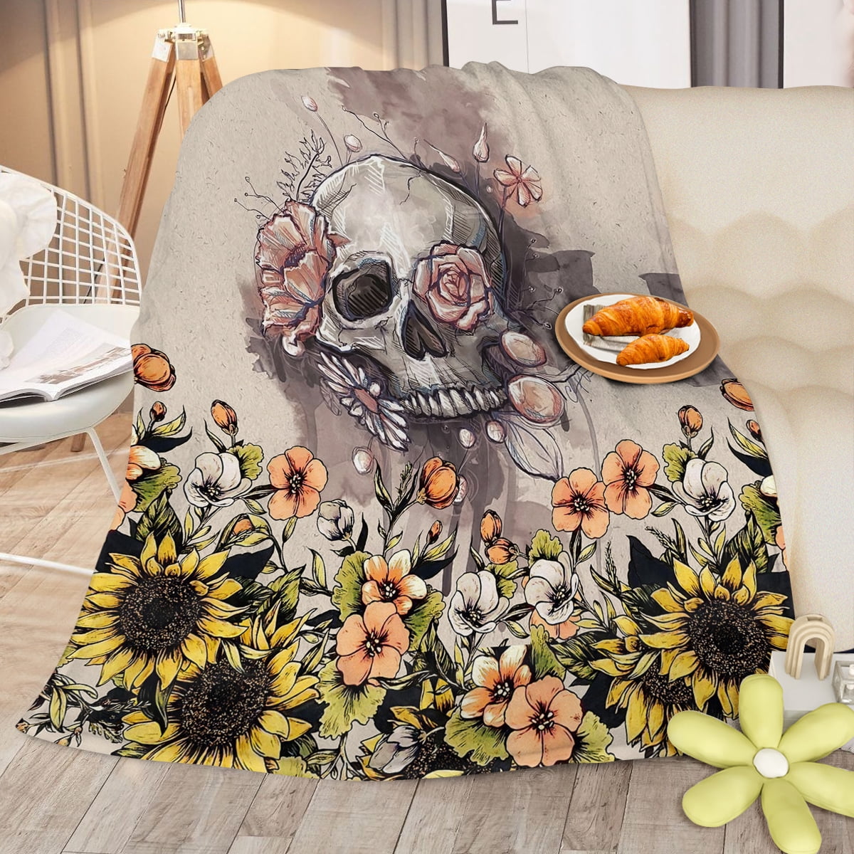 Rustic Skull Sunflower Flannel Fleece Blanket Floral Skull Flannel Soft Plush Throw Blanket Cozy Blankets for Bed Chair Car Sofa Couch Bedroom, 130*150cm