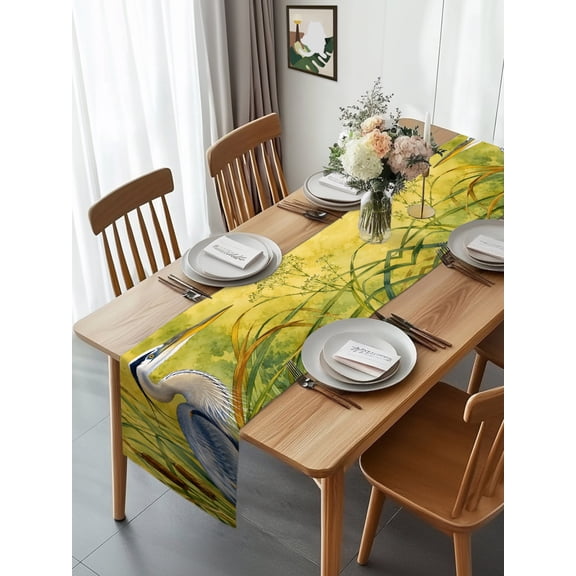 Rustic Slate Blue Heron Table Runner 90 Inches Long, Farmhouse White Lotus Table Runners Tabletop Scarf Kitchen Dining Tables Decoration for Home Party Indoor Outdoor