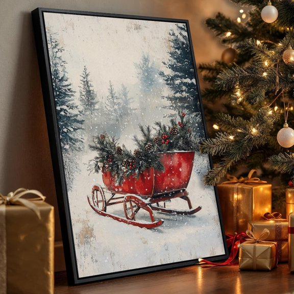Rustic Sled Poster, Snowy Landscape Winter Wall Art, Cozy Farmhouse Holiday Print UNFRAMED Poster, Wall Art for Decor, Present, 24x36